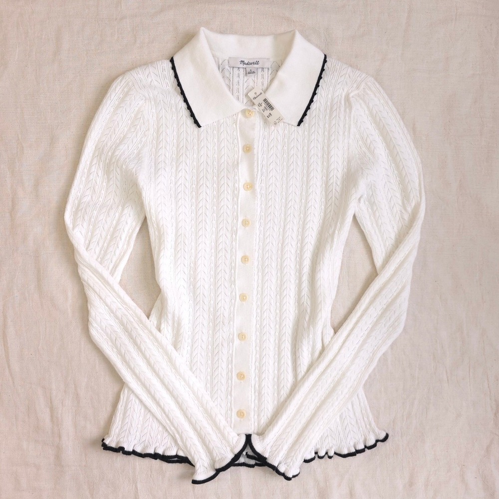 Madewell Pointelle Ruffle-Trim Pointelle Peter Pan Cardigan – S/ (NY445)